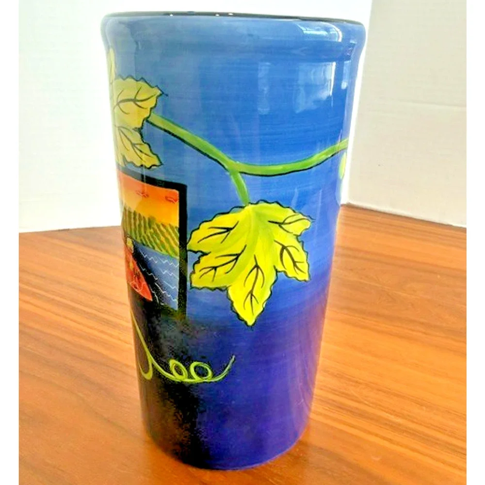 Naylor Designs hand painted Flowers Blue Vase or Red Wine Holder 9.5